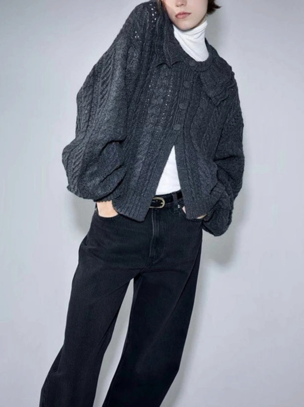 H&M Ruffled Knit Cardigan Dark Gray Cable Knit